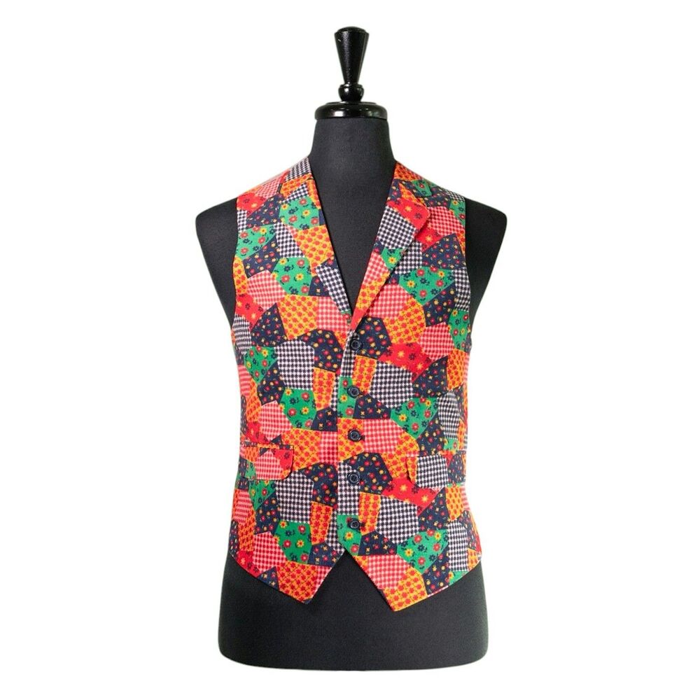 Mens Patchwork Vest 40R Multicolor Corduroy Floral Check Plaid Wedding Boho